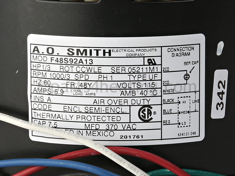 Reznor Motor, 1/3 Hp - Part Number: RZ201761 , AO SMITH F48S92A13