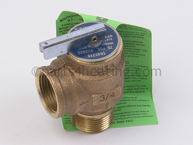 Laars Heating Systems Pressure Relief Valve, 75 Psi (Requires Field Supplied 3/4 Npt X 3 In. Brass Nipple), All - Part Number: R0040400